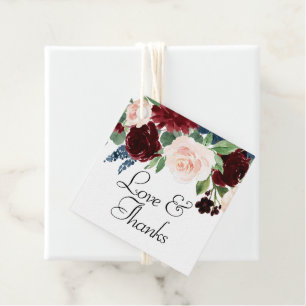 Étiquettes Cadeau Boho Bloom Burgundy Rouge et Merci bleu marine