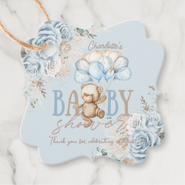 Étiquettes Cadeau Boho Blue Floral Pampas Teddy Bear Boy Baby shower (Devant)
