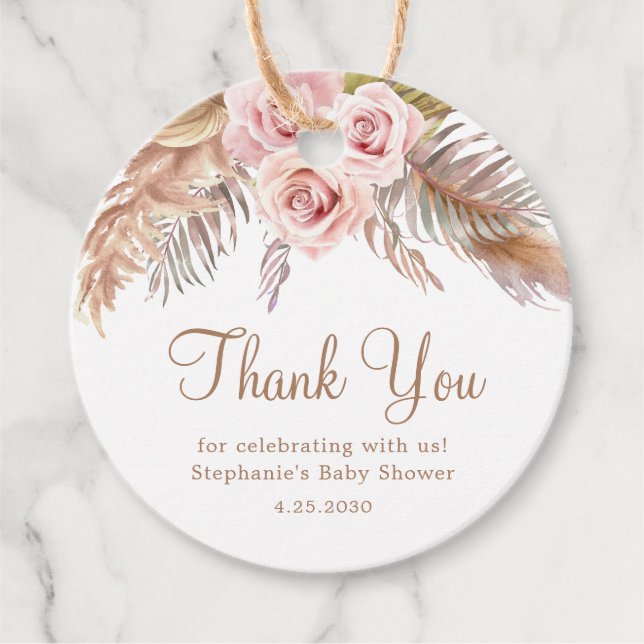 Étiquettes Cadeau Boho Bohemian Pampas herbe baby shower merci (Devant)