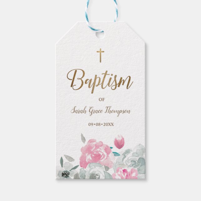 Étiquettes-cadeau Boho Chic Fleurs à l'aquarelle Baptême de bébé (Devant)