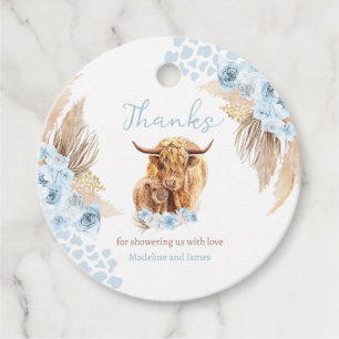 Étiquettes Cadeau Boho Cow Blue Pampas Grass Boy Baby shower Faveurs