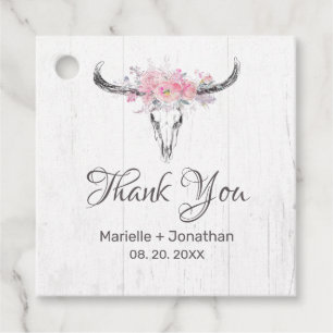 Étiquettes Cadeau Boho crâne de vache rustique Floral Aquarelle rose
