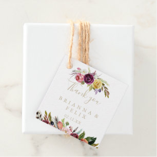 Étiquettes Cadeau Boho en plumes d'or Mariage floral tropical