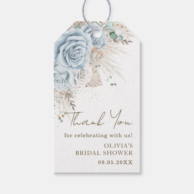 Étiquettes-cadeau Boho Fête de Mariage Fleurie Bleu Pastel avec Herb (Devant)