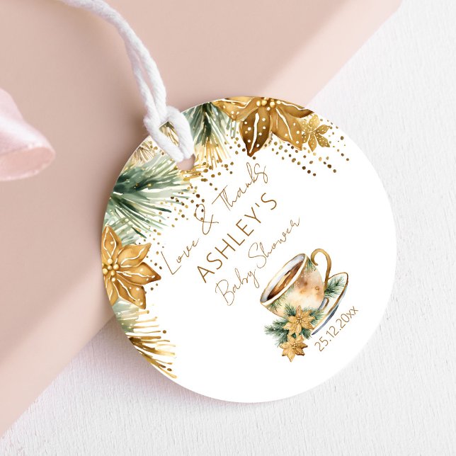Étiquettes Cadeau Boho hiver baby shower thé fête merci (Boho winter baby shower tea party thank you favor tags watercolor gold poinsettia pines tea cup)