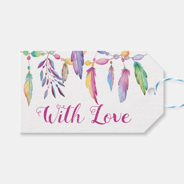 Étiquettes-cadeau Boho Mariage Aimer Aquarelle Plumes Indien (Devant (Horizontal))