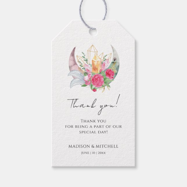 Étiquettes-cadeau Boho Moon Crystals Plumes rose Fleurs Mariage (Devant)