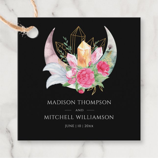 Étiquettes Cadeau Boho Moon Crystals Plumes rose Fleurs Mariage (Devant)