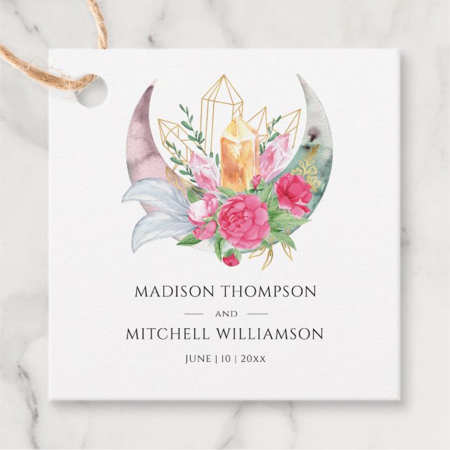 Étiquettes Cadeau Boho Moon Crystals Plumes rose Fleurs Mariage (Devant)