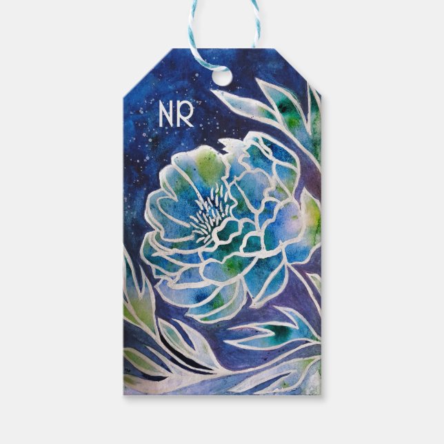 Étiquettes-cadeau Boho Navy bleu céleste Dahlia aquarelle florale (Devant)