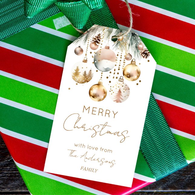 Étiquettes-cadeau Boho Noël aquarelle neige baubles métalliques (Merry Christmas watercolor metallic gold silver boho personalized gift tags)
