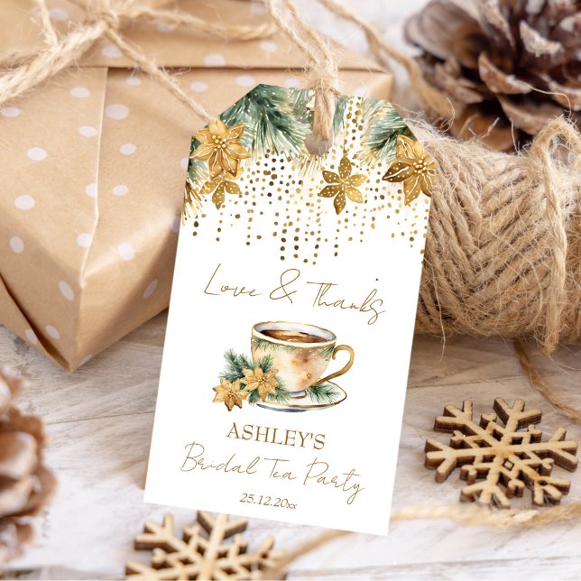 Étiquettes-cadeau Boho Noël nuptiale douche d'hiver fête de thé favo (Boho Christmas winter bridal shower tea party favor Gift Tags gold poinsettia pines tea cup favors)