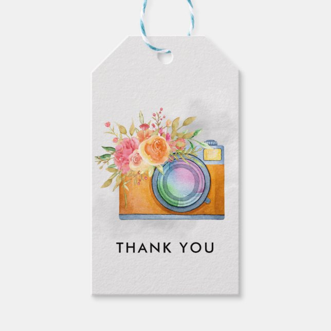 Étiquettes-cadeau Boho Orange Caméra & Bouquet Floral Aquarelle (Devant)