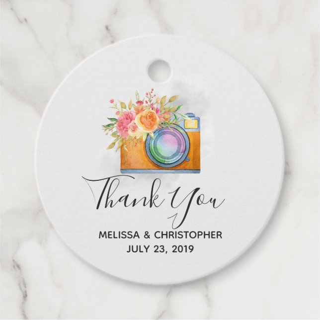Étiquettes Cadeau Boho Orange Camera & Fleurs Mariage d'aquarelle (Devant)