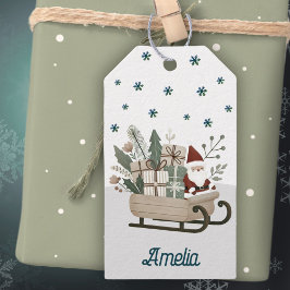 Étiquettes-cadeau Boho Père Noël sur la seligh avec des cadeaux Snow