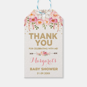 Étiquettes-cadeau Boho Pink Gold Flowers Baby Girl Douche Faveurs