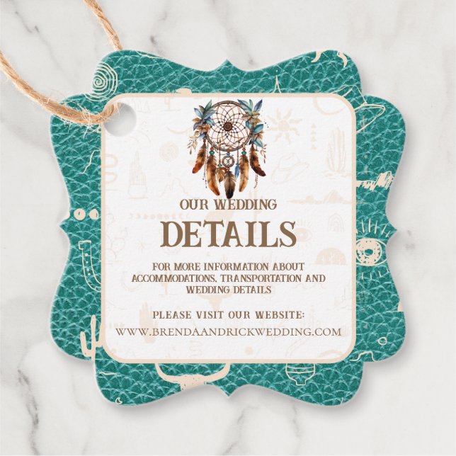 Étiquettes Cadeau Boho Ranch Wild West Faux Leather Turquoise Détail (Devant)