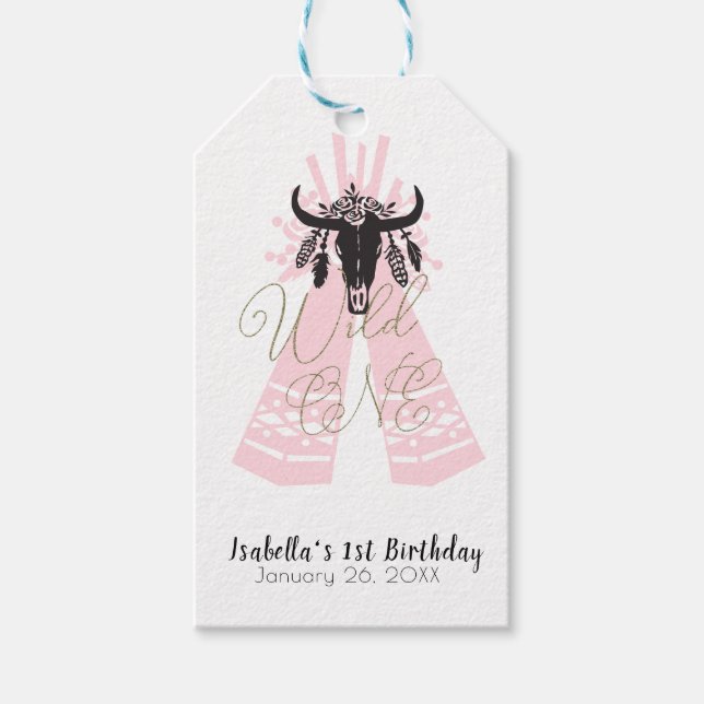 Étiquettes-cadeau Boho rose et noir Wild ONE Girl Anniversaire (Devant)