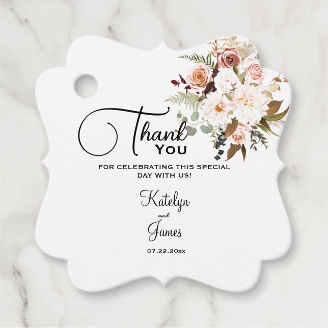 Étiquettes Cadeau Boho Soft Coloured Roses/White Flowers Mariage (Devant)