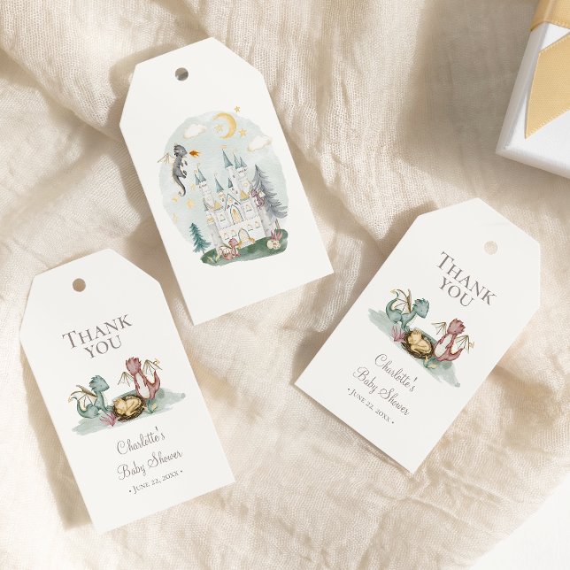 Étiquettes-cadeau Boho Storybook Dragon Baby shower Merci (Créateur téléchargé)