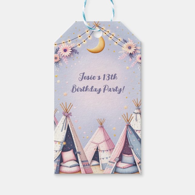 Étiquettes-cadeau Boho Teepee Girl Sleepover Parti de bois d'oeuvre (Devant)