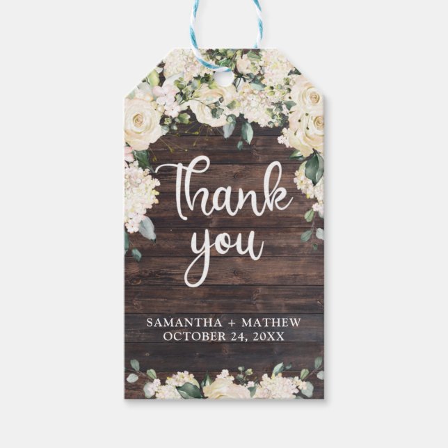 Étiquettes-cadeau Boho verdure blanc fleuri rose bois rustique (Devant)