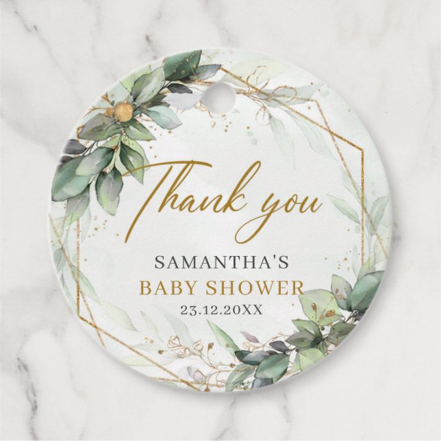 Étiquettes Cadeau Boho verdure eucalyptus feuillage baby shower or (Devant)