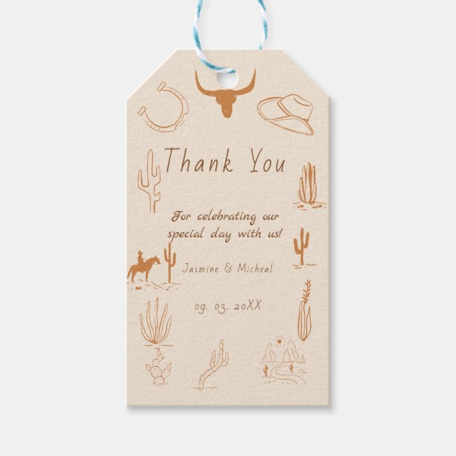 Étiquettes-cadeau Boho Western Cowboy Mariage d'illustration (Devant)