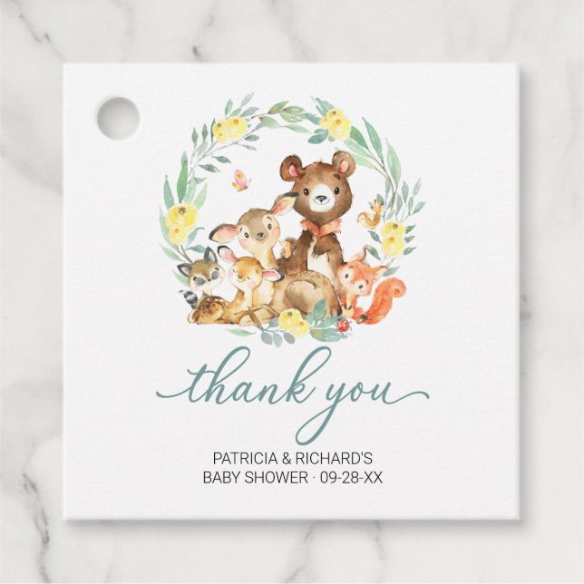 Étiquettes Cadeau Bois Animaux Végétation Baby shower Merci (Devant)