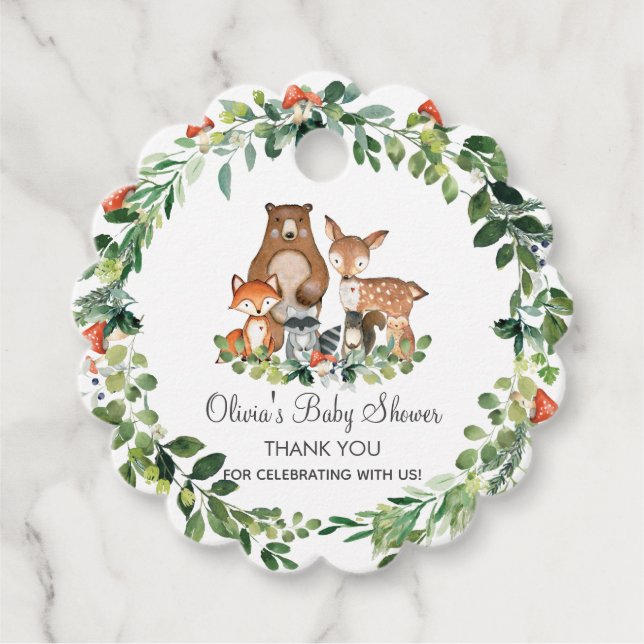 Étiquettes Cadeau Bois Animaux Végétation Baby shower Merci (Devant)