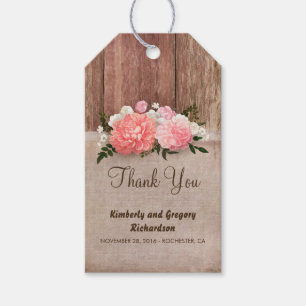 Étiquettes-cadeau Bois Burlap Fleurs roses Mariage campagnard rustiq