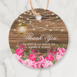 Étiquettes Cadeau Bois, lanterne et jolies fleurs roses - Merci