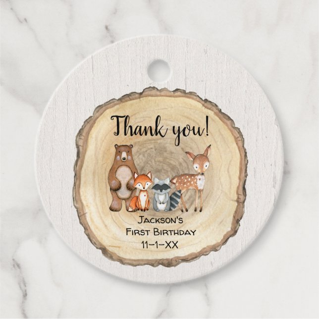 Étiquettes Cadeau Bois rustique animaux forêt amis anniversaire (Devant)
