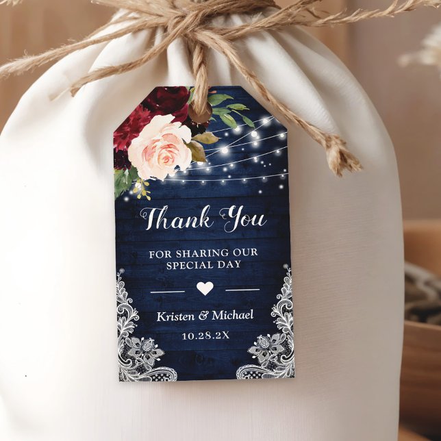 Étiquettes-cadeau Bois rustique Bourgogne Bleu Floral Mariage Merci (Créateur téléchargé)