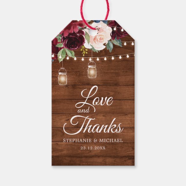 Étiquettes-cadeau Bois rustique Bourgogne Floral Mason Jar Mariage (Devant)