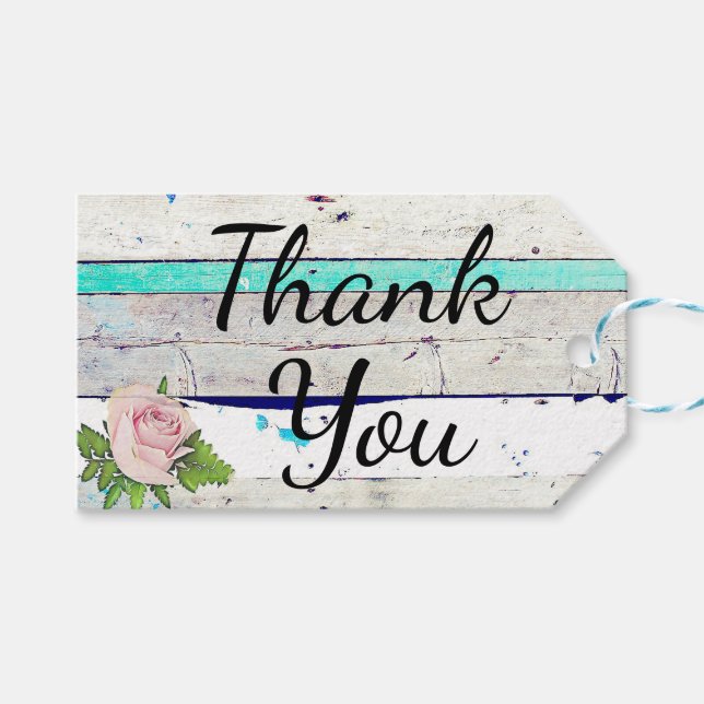Étiquettes-cadeau Bois rustique Turquoise, blanc et rose Merci (Devant (Horizontal))