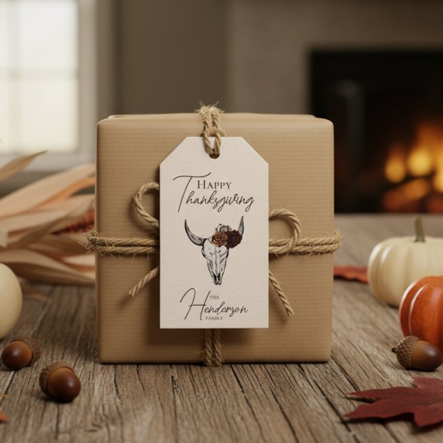 Étiquettes-cadeau Bon thanksgiving Floral Vache Crâne automne récolt (Rustic Happy Thanksgiving Gift Tags. Floral Cow Skull & Horns, Roses Illustration. Elegant Pattern)