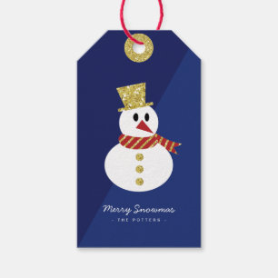 Étiquettes-cadeau Bonhomme de neige Fun Christmas Blue & Gold
