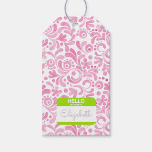 Étiquettes-cadeau Bonjour Mon Nom Nametag Rose Blanc Vert Elle