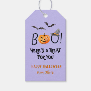 Étiquettes-cadeau BOO Happy Halloween Citrouille traite pourpre
