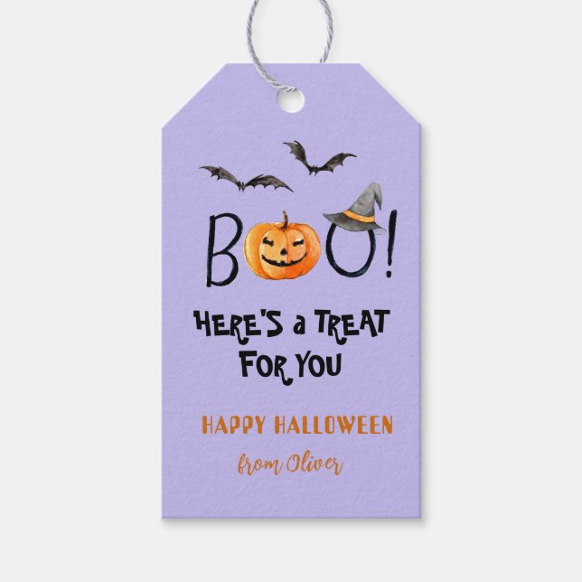 Étiquettes-cadeau BOO Happy Halloween Citrouille traite pourpre (Devant)