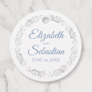 Étiquettes Cadeau Bordure argent Lacy Elégant Mariage bleu et blanc
