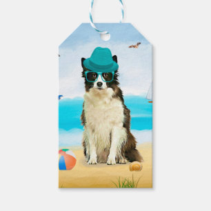 Étiquettes-cadeau Bordure Collie Dog sur la plage