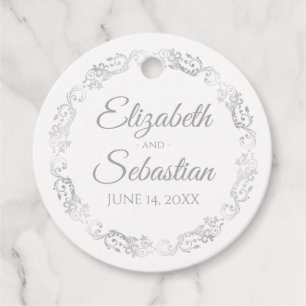 Étiquettes Cadeau Bordure gris argent Lacy Elégant Mariage blanc