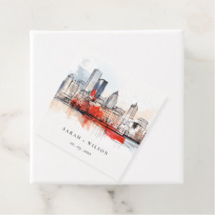 Étiquettes Cadeau Boston Massachusetts City Scape Mariage d'aquarell