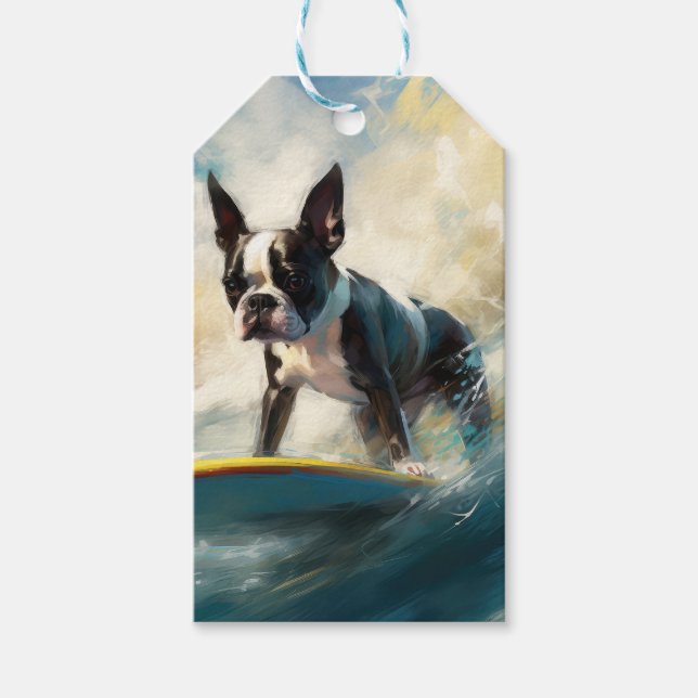 Étiquettes-cadeau Boston Terrier Beach Surfing Peinture (Devant)