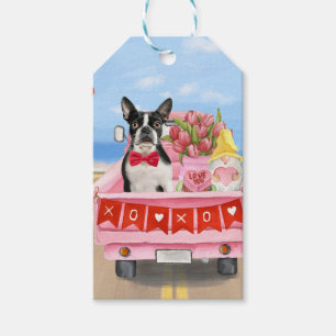 Étiquettes-cadeau Boston Terrier Chien Valentine's Day Truck Hearts