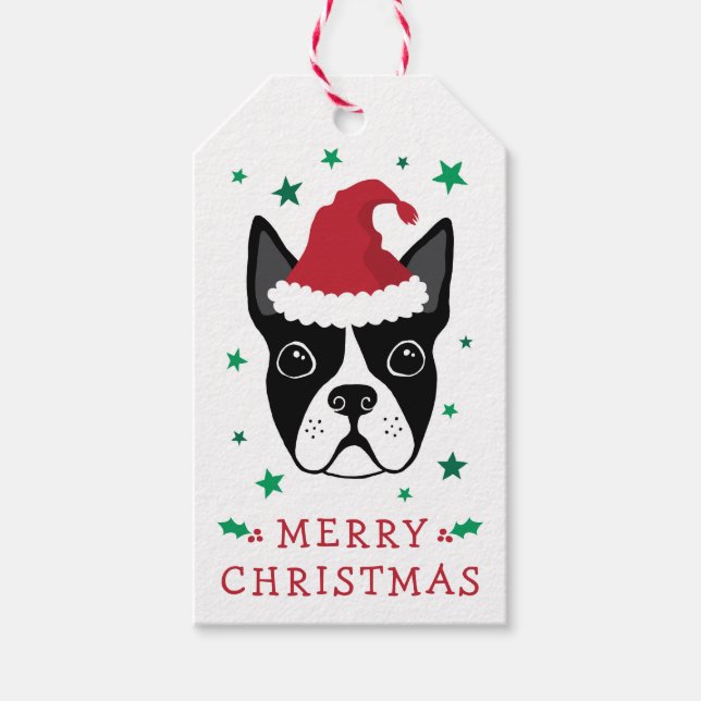 Étiquettes-cadeau Boston terrier Santa hat Joyeux Noël à De (Devant)