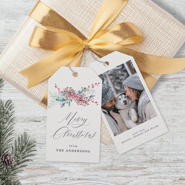 Étiquettes-cadeau Botaniques d'hiver Beige Photo Joyeux Noël (Mockup View
)