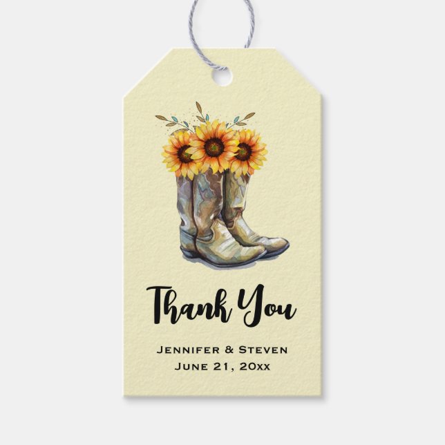 Étiquettes-cadeau Bottes rustiques Cowboy avec Merci de tournesol (Devant)